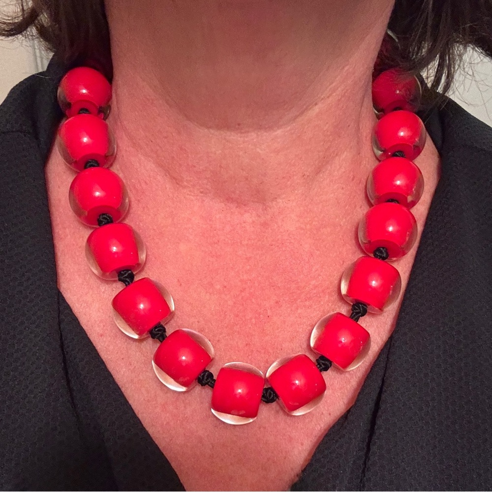 Vibrant Red and Clear Acrylic Beaded Necklace 15”